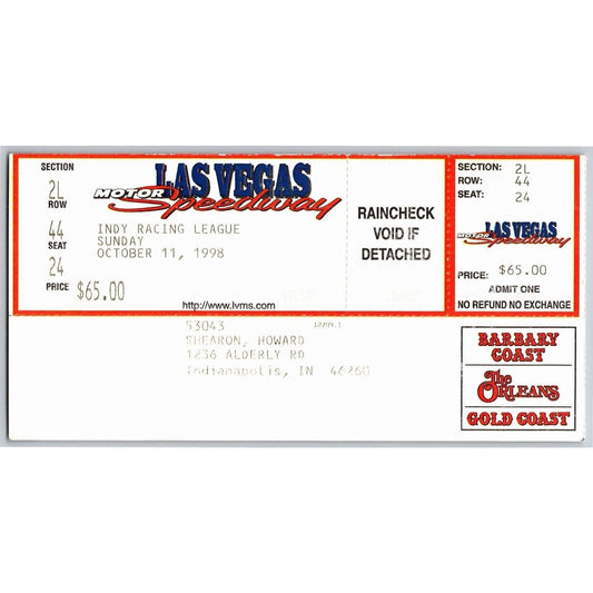 1998 Las Vegas Motor Speedway 500K IRL Indy Racing League Unused Ticket Seat 24