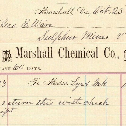 1895 Scarce Marshall Chemical Co Billhead Letterhead Sulphur Mines Virginia