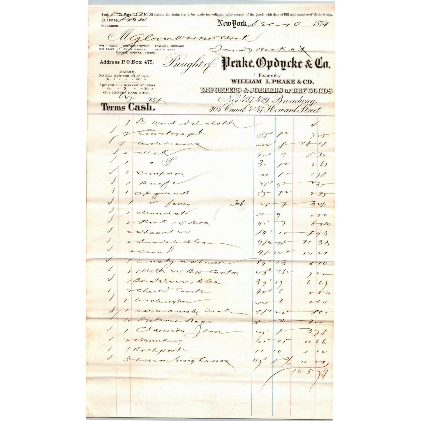 1873 Peake, Opdycke & Co. Dry Goods Importers NYC Invoice to Sandy Hook, CT