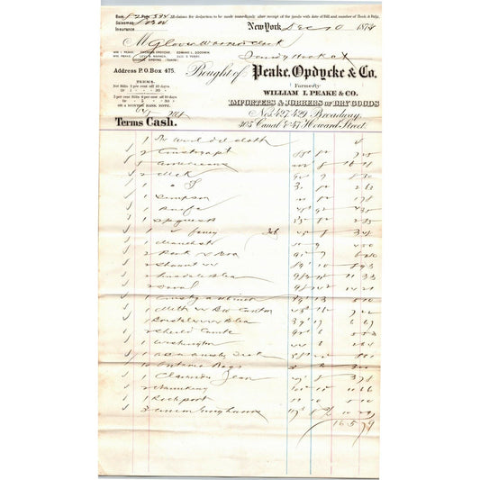 1873 Peake, Opdycke & Co. Dry Goods Importers NYC Invoice to Sandy Hook, CT