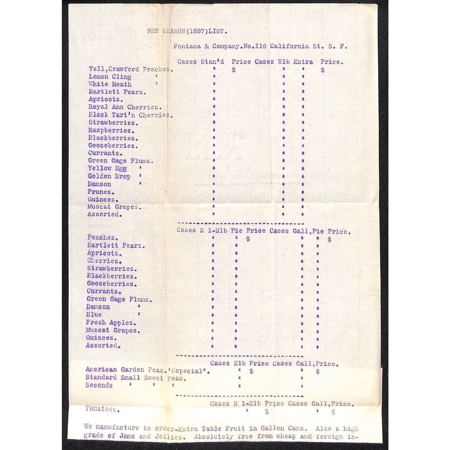 1887 Fontana & Company "Blank" Whsl Fruit New Season Order/ Price Sheet - Scarce
