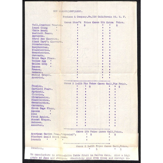 1887 Fontana & Company "Blank" Whsl Fruit New Season Order/ Price Sheet - Scarce