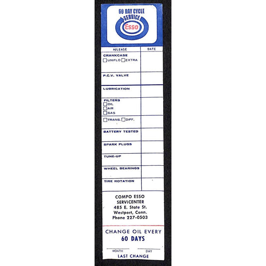 ESSO Westport, CT Oil Change Service Door Jam Auto Sticker -c1970