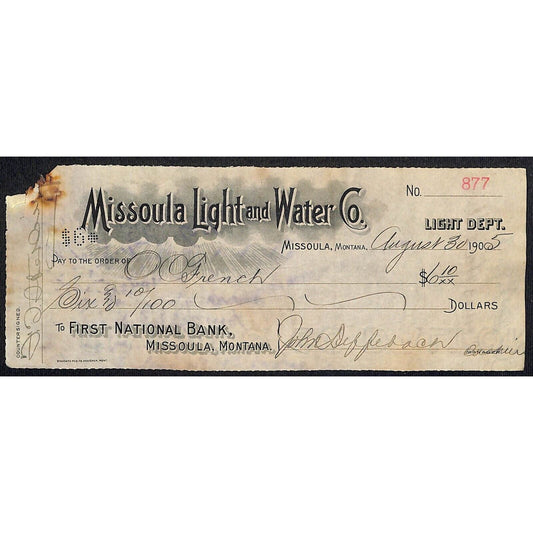 Missoula Light and Water Co. 1905 Bank Check w/ Clouds / Radiant Lines Vignette