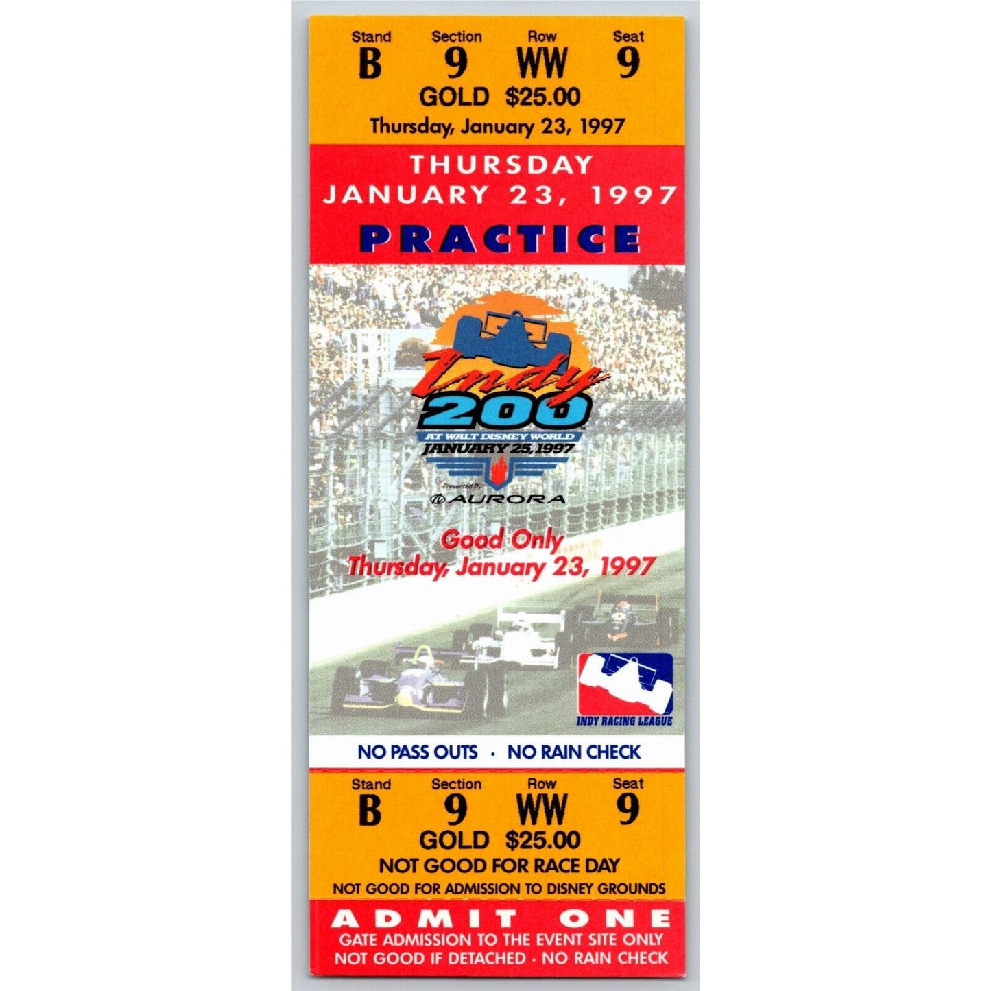 1997 Indy 200 Walt Disney World Thursday 1/23 Practice Unused Ticket - Seat 9