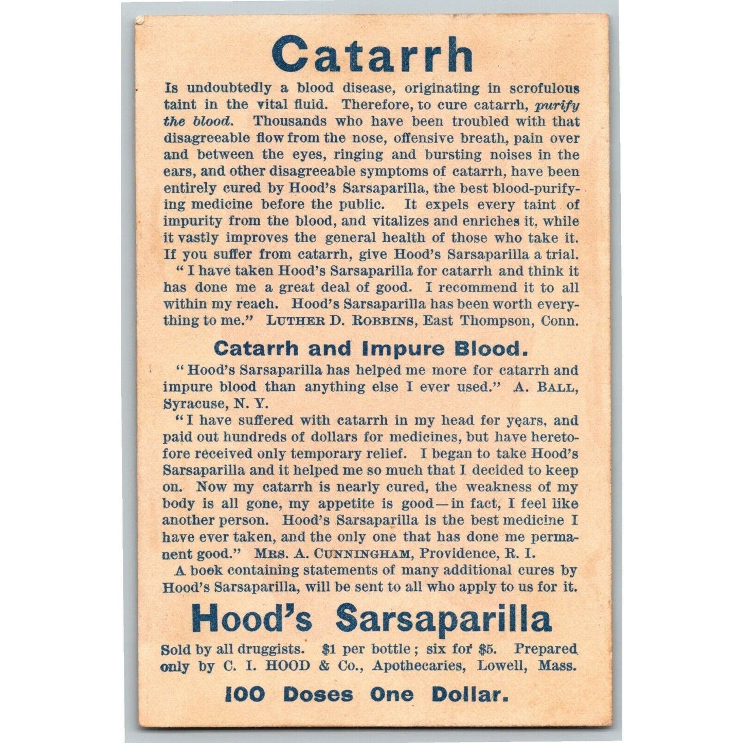 Hood's Sarsaparilla "100 Doses for $1" Dog Puppies w/ Rat Victorian Trade Card