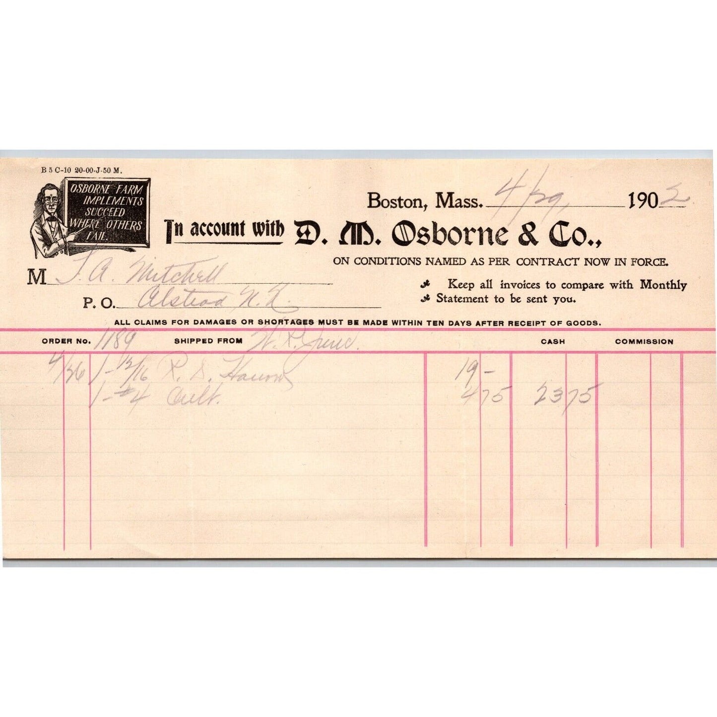Boston, MASS D.M. Osborne & Co. 1902 Billhead - Farm Implements Scarce