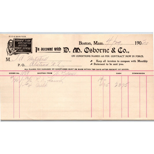 Boston, MASS D.M. Osborne & Co. 1902 Billhead - Farm Implements Scarce