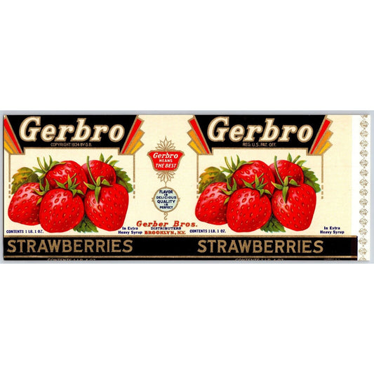 Gerbro Strawberries Paper Can Label Brooklyn, NY c1934-40's Art Deco Scarce