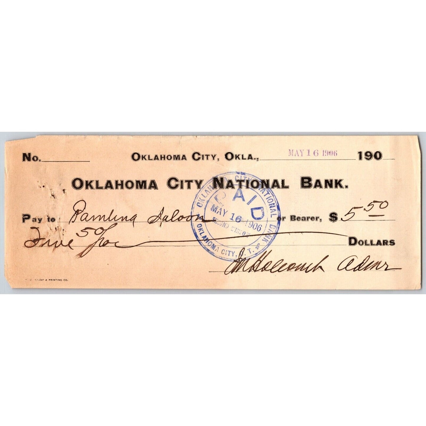 Oklahoma City National Bank Territorial 1906 Check "Ramling Saloon?" - Scarce