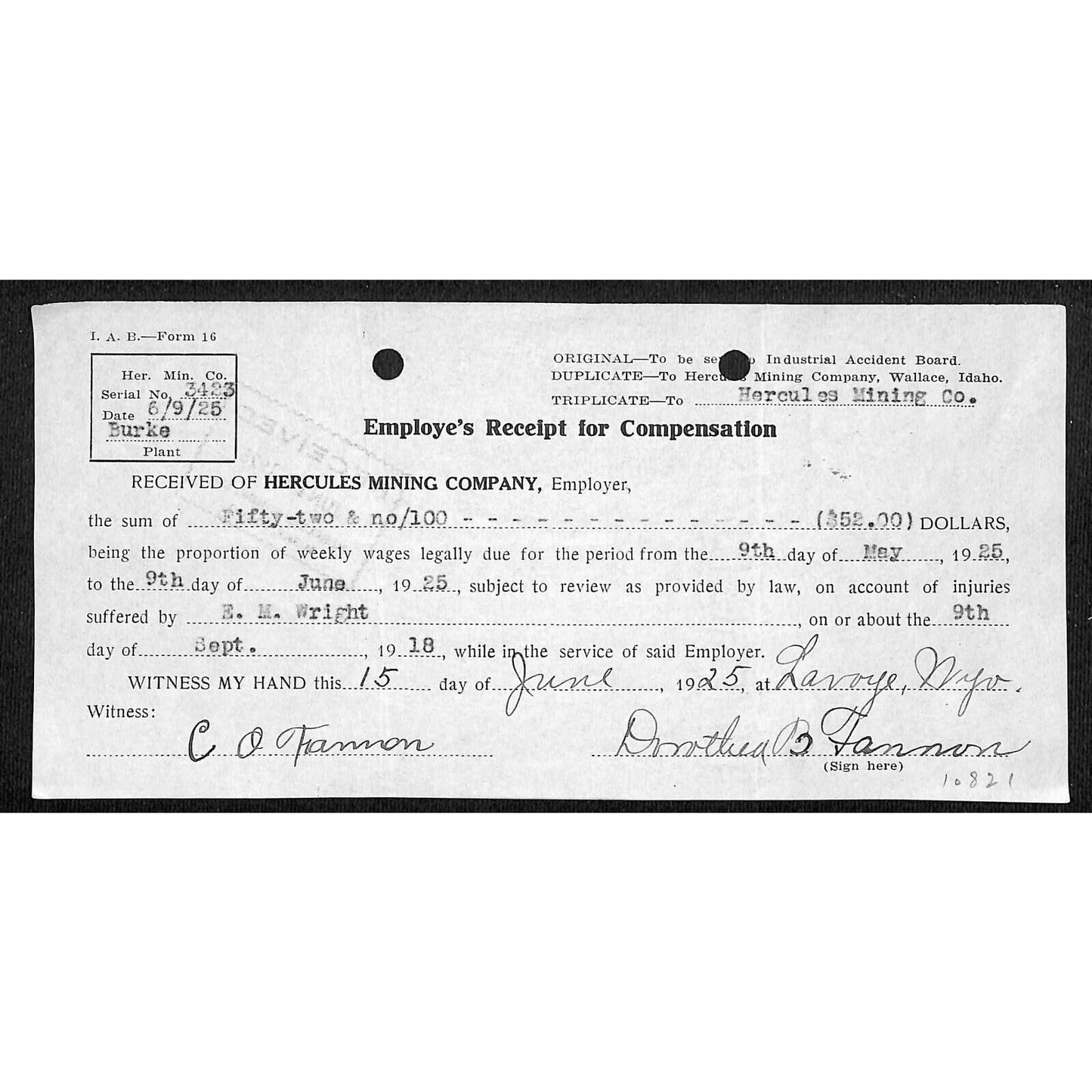 Hercules Mining Co. Employee Receipt for Compensation 1925 Burke Plant