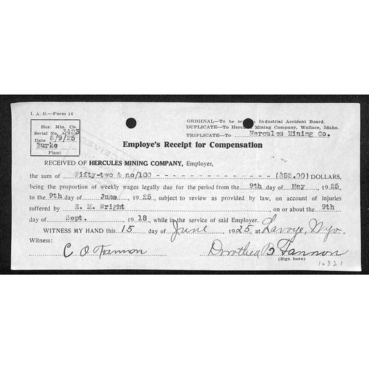 Hercules Mining Co. Employee Receipt for Compensation 1925 Burke Plant