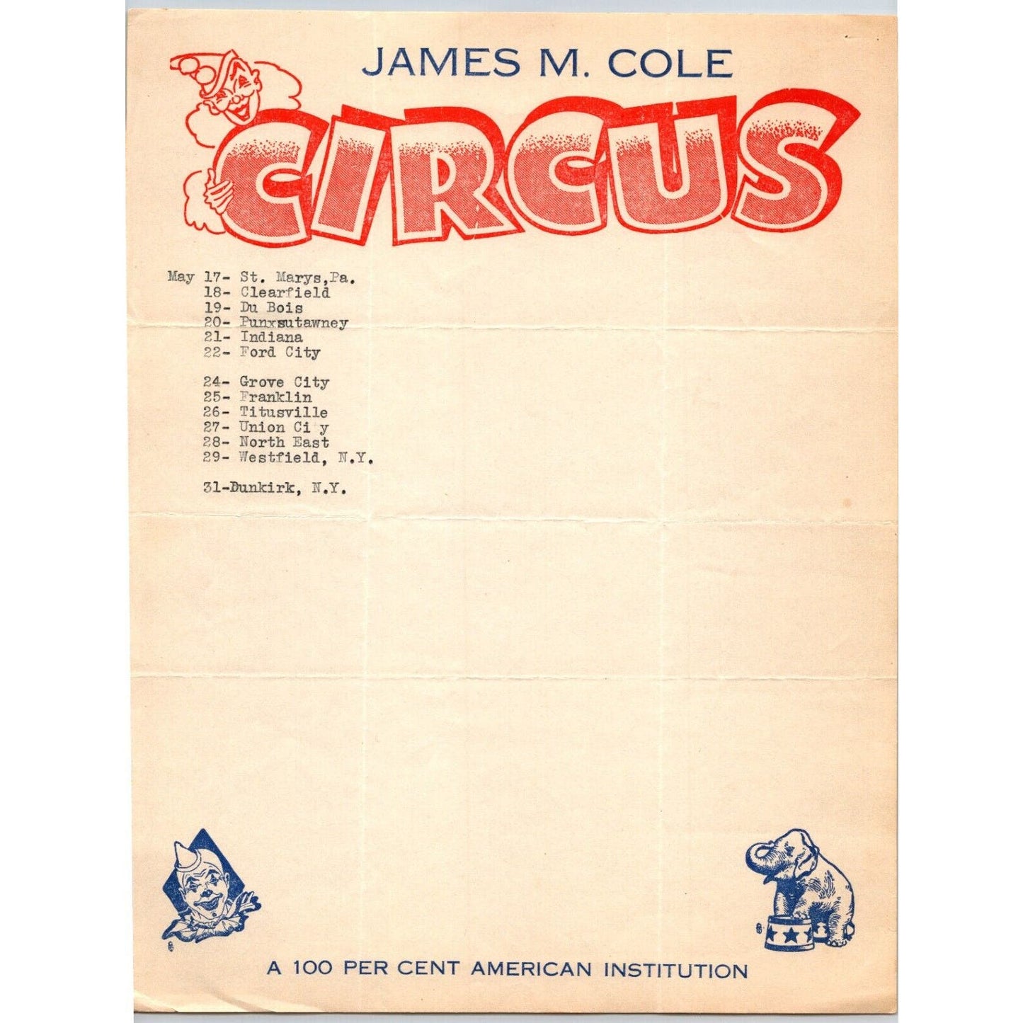 James M. Cole Circus Letterhead c1937-39 w/ Route Dates Clowns Scarce