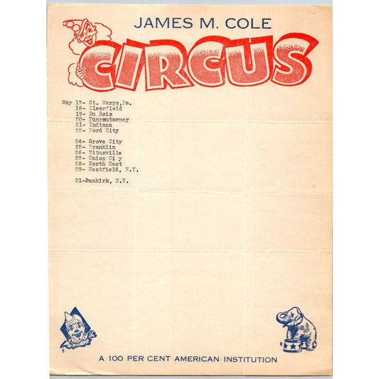 James M. Cole Circus Letterhead c1937-39 w/ Route Dates Clowns Scarce