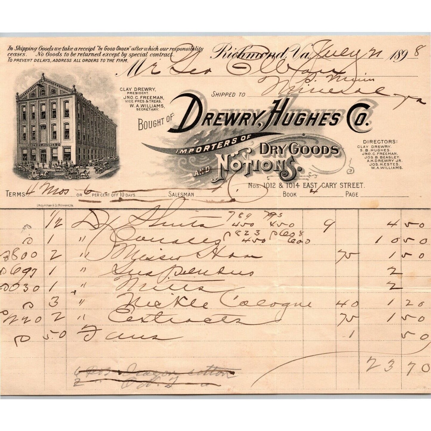 Drewry, Hughes Co. Dry Goods Notions Richmond, VA Letterhead - Geo. E. Wear 1898