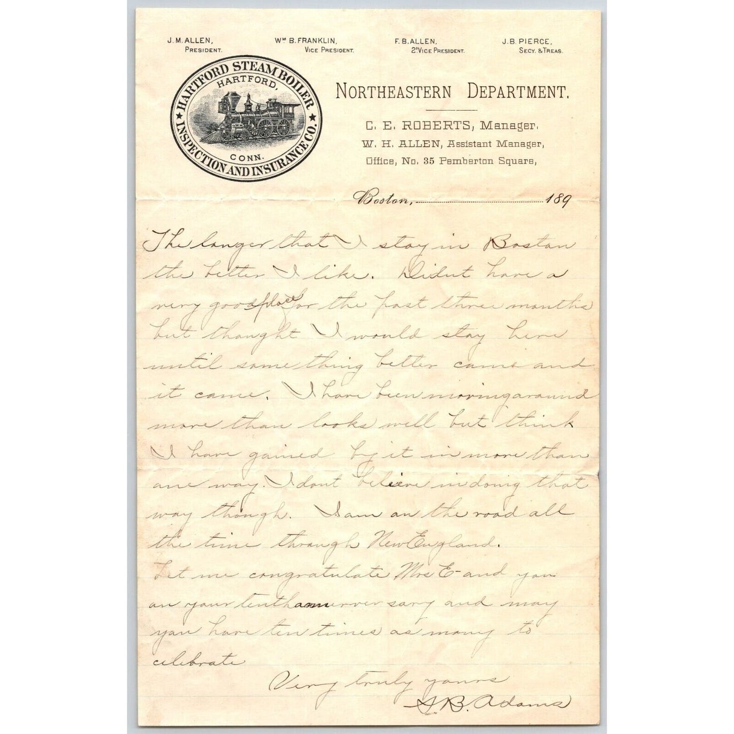 Hartford Steam Boiler Inspection and Insurance Co. 1890's ALS Letterhead Scarce