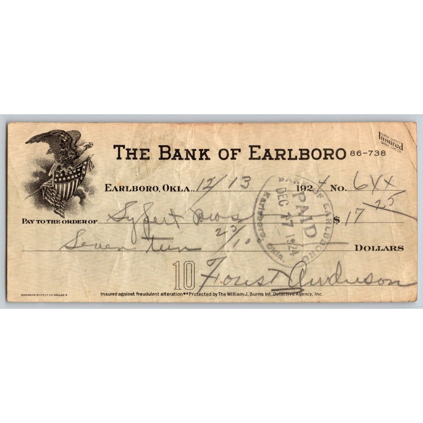 Earlboro, OK 1924 "Bank of Earlboro" Check Sybert Bros. Eagle Flag Shield Scarce