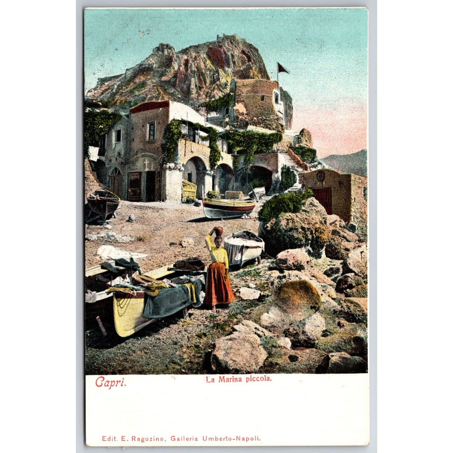 Italian Postcard Capri "The Little Navy" Woman Rocky Sea Shore Boats c1901-1907