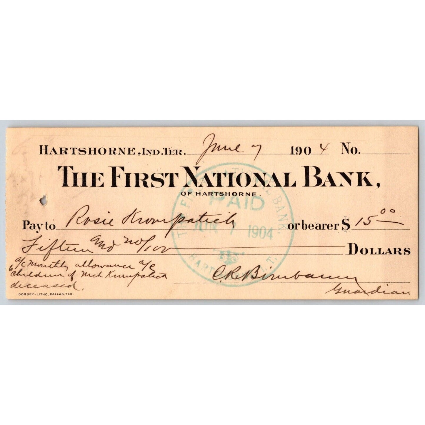 Hartshorne, OK Indian Territory 1904 FNB Bank Check VGC Scarce