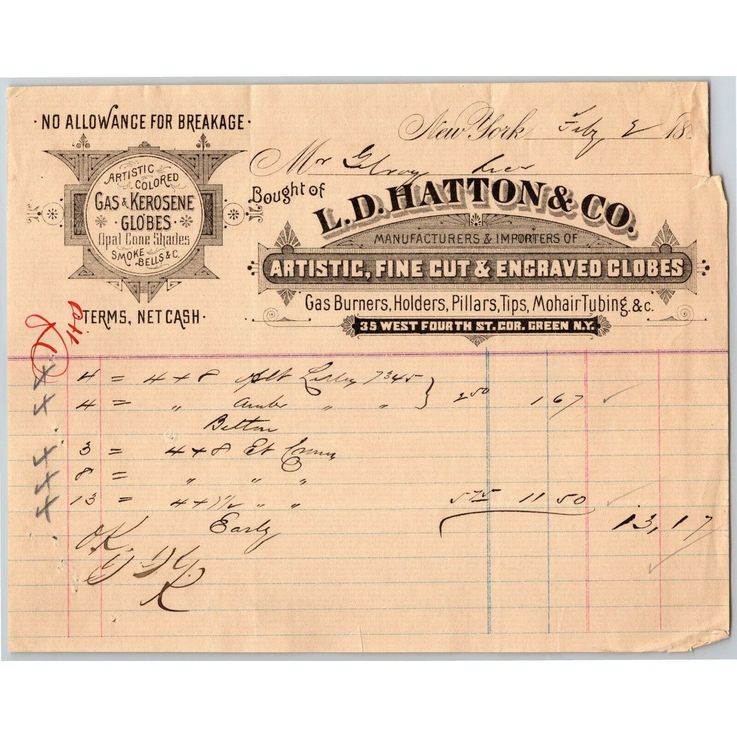 1888 L.D. Hatton & Co. Billhead Letterhead Fine Cut Globes 38 West Fourth St NYC