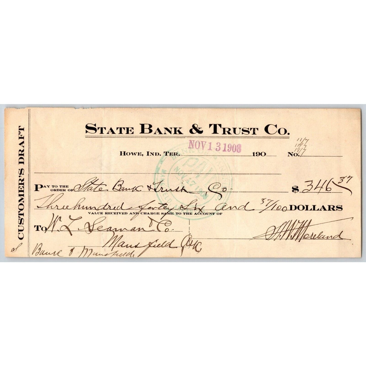 Howe, OK 1908 State Bank & Trust Co. Check - Scarce