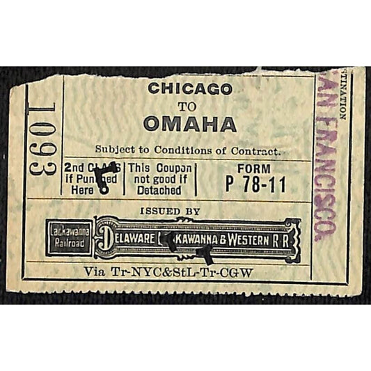 Delaware Lackawanna & Western Railroad c1910 Ticket Chicago to Omaha #1093