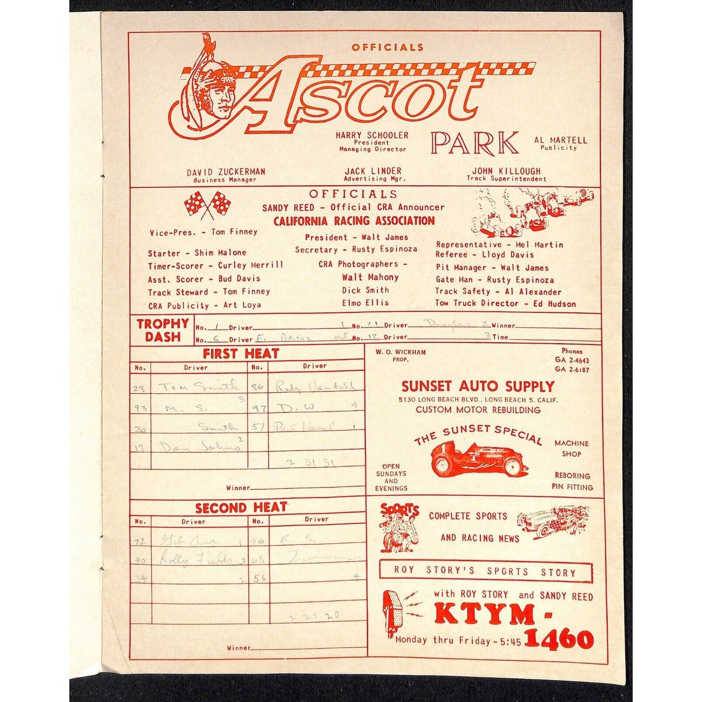 Scarce Jun 23 1962 CRA Big Car Races Auto Racing Program Ascot Park Gardena