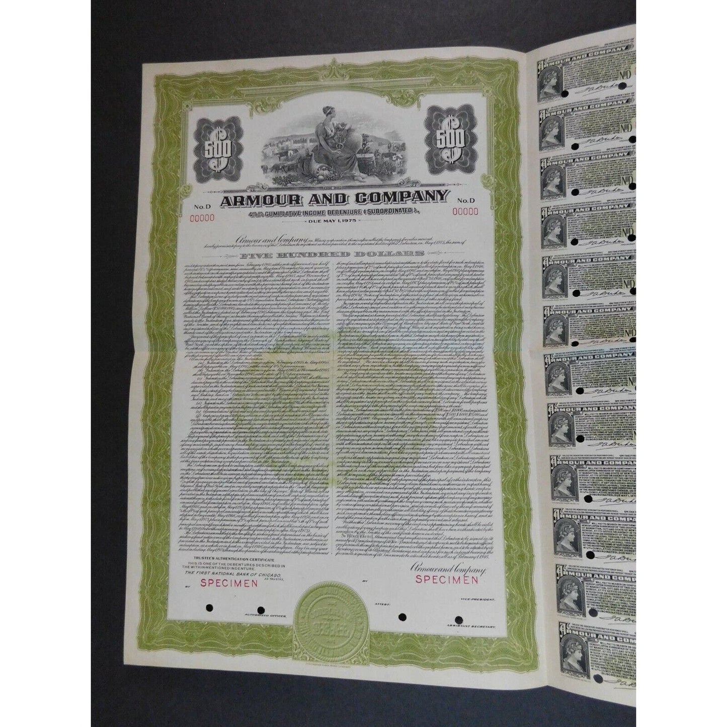 Vintage 1945-1975 30 Year Sinking Fund Certificate Armour Company SPECIMEN
