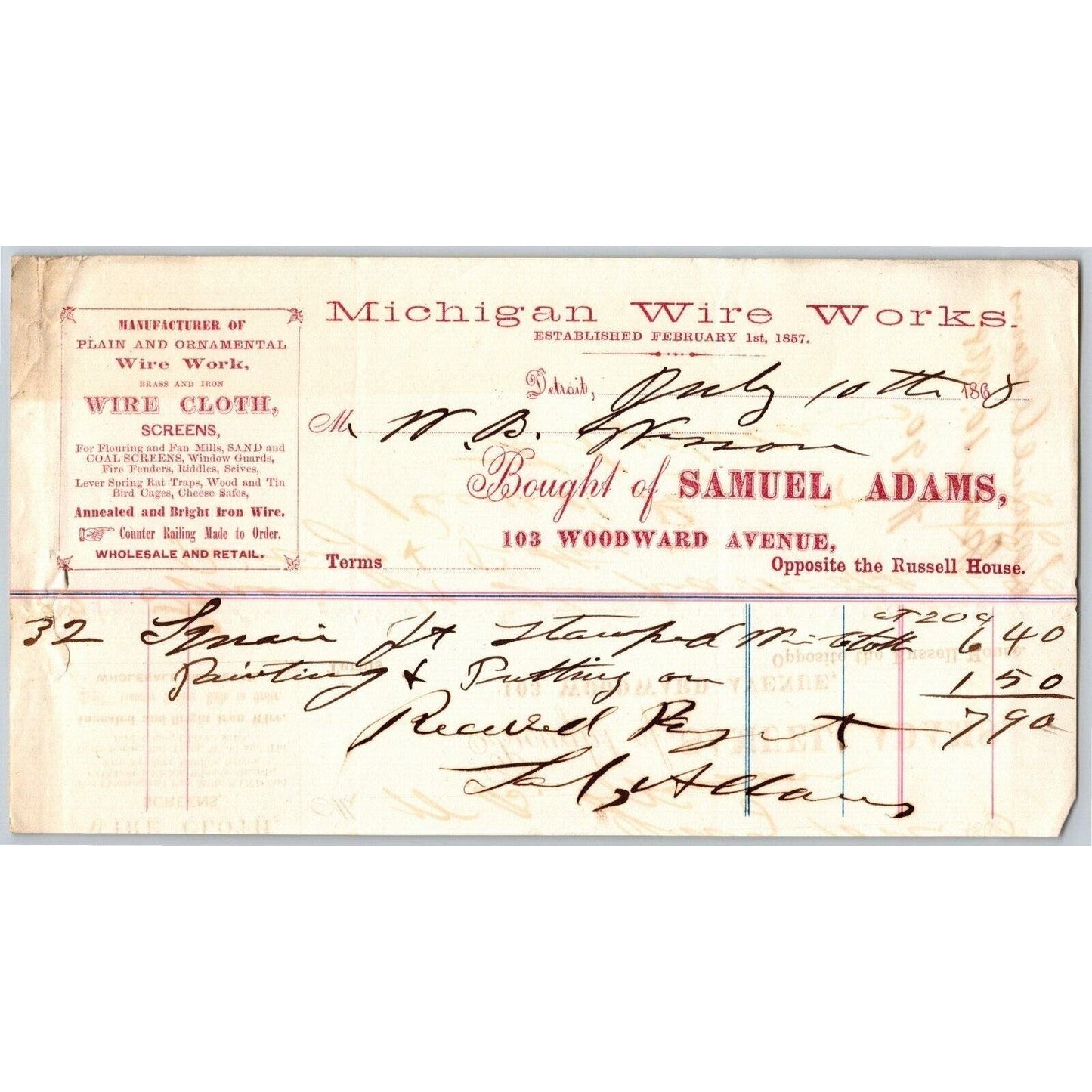 Detroit Letterhead Michigan Wire Works / Samuel Adams Wire Cloth Screens 1868