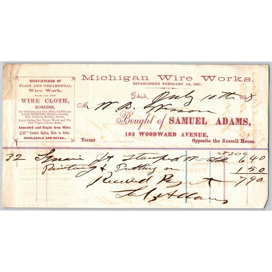 Detroit Letterhead Michigan Wire Works / Samuel Adams Wire Cloth Screens 1868