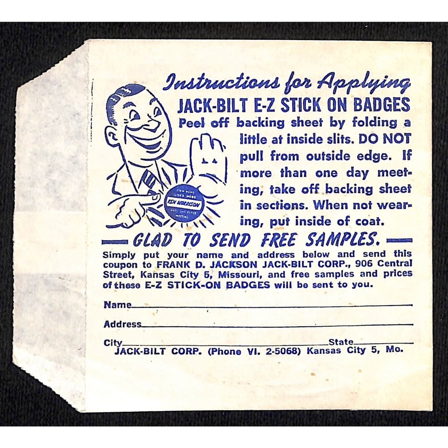 Jack-Bilt E-Z Stick On Badge Envelope Only c1940's-50's VGC