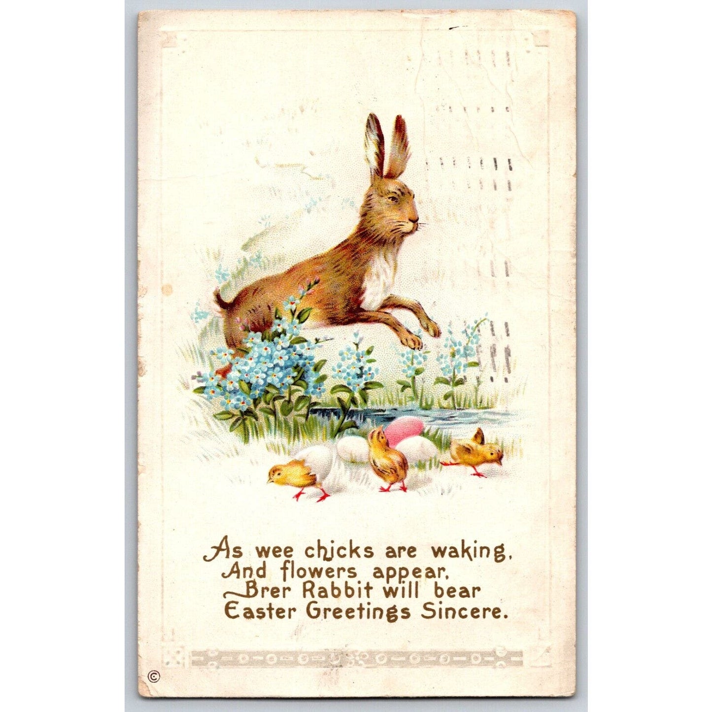 Vintage Easter Postcard "As wee chicks..." Floral Bunny Chicks Eggs Emb. PM 1914