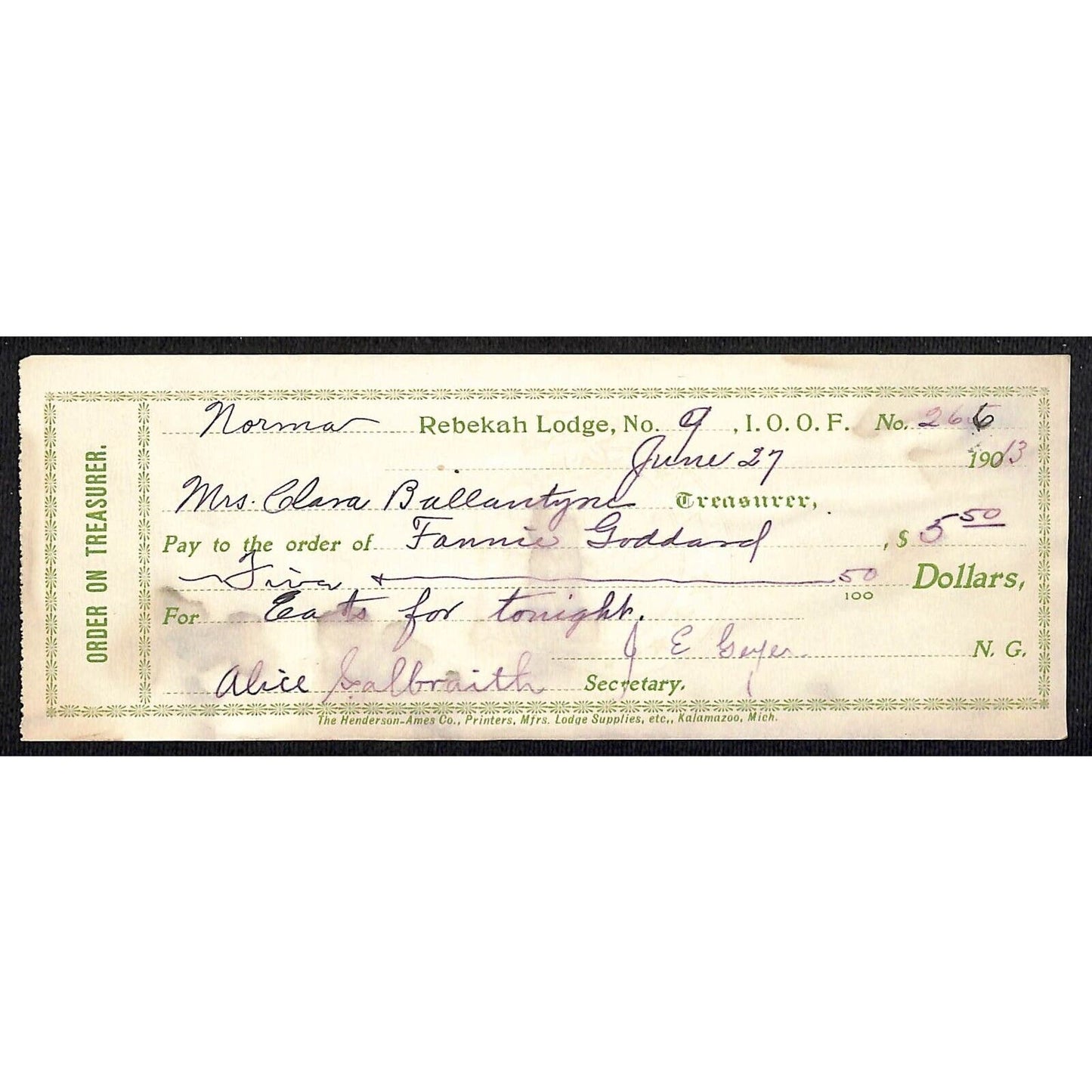 IOOF Odd Fellows Rebekah Lodge No.9 1903 Receipt / Billhead #266