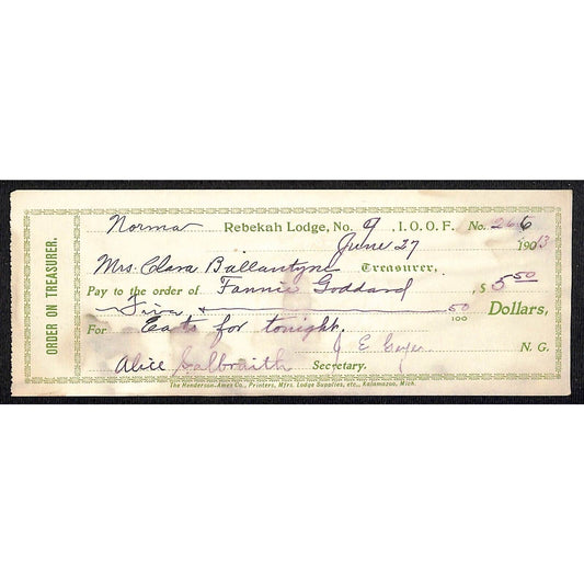 IOOF Odd Fellows Rebekah Lodge No.9 1903 Receipt / Billhead #266
