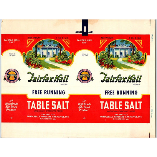 Fairfax Brand Free Running Table Salt Paper Label Richmond, VA c1939 Scarce