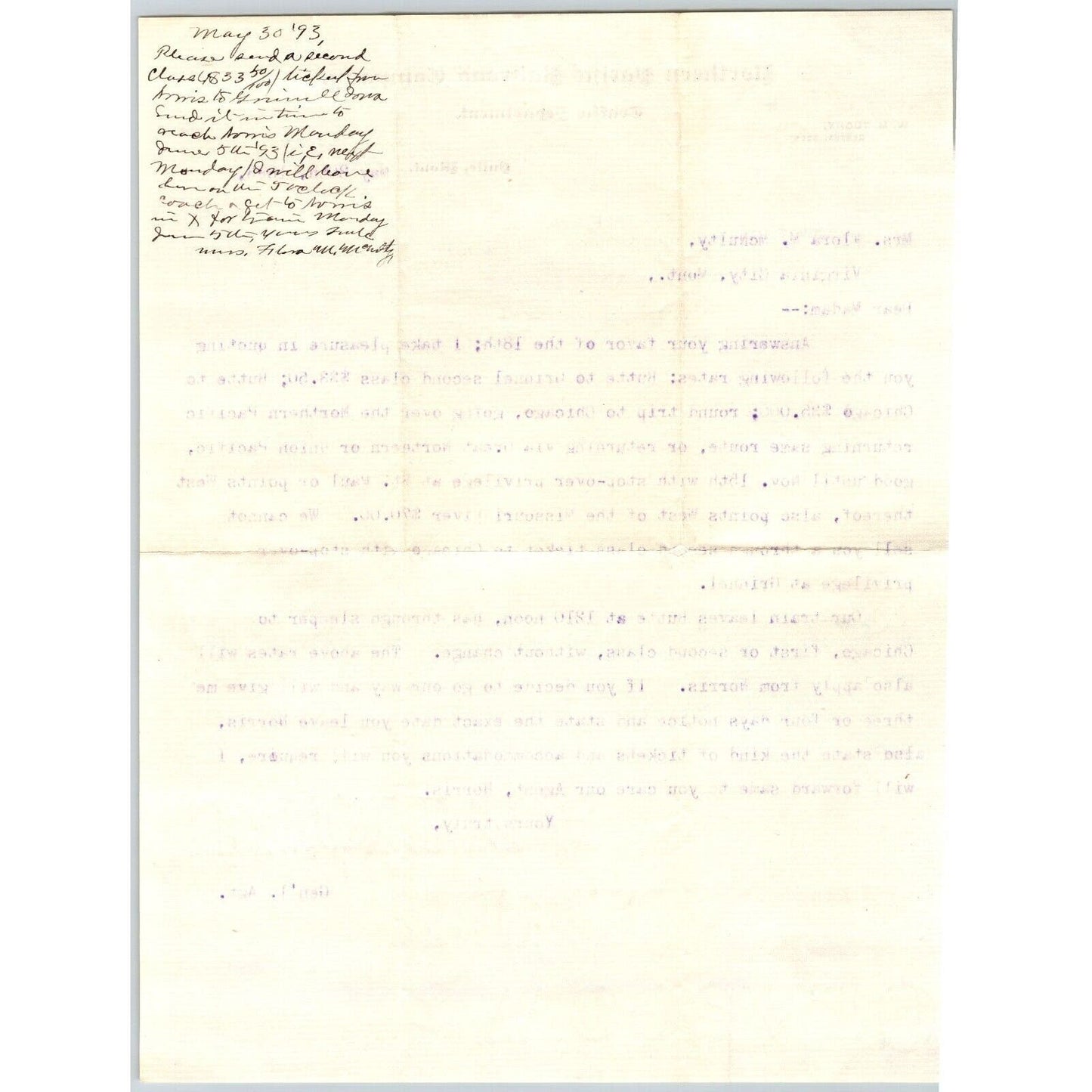 Butte, MT Northern Pacific Railroad 1893 Letterhead Butte to Grinnel Rate Quotes