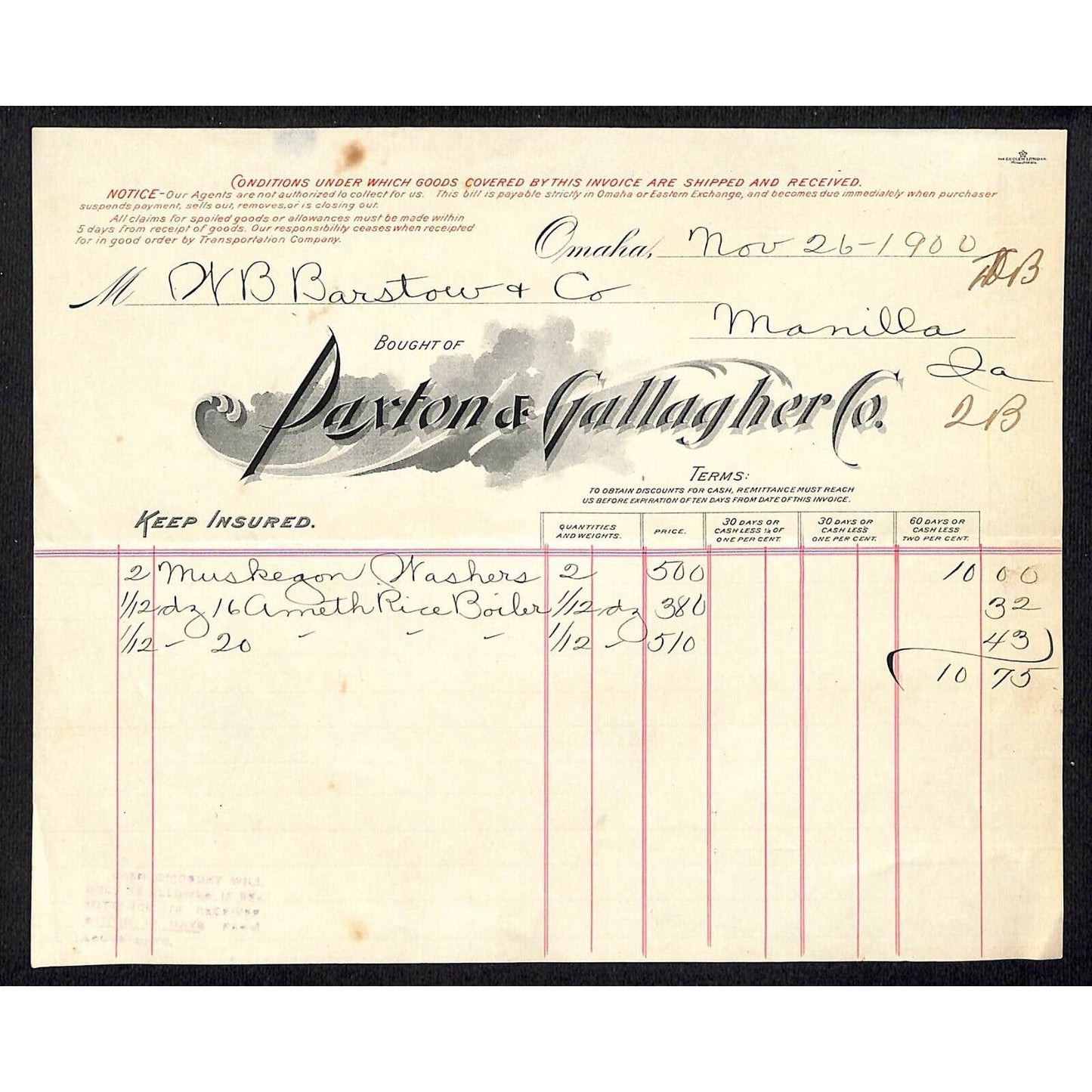 Omaha, NE Paxton & Gallagher Co. (Grocers) 1900 Billhead VGC Scarce