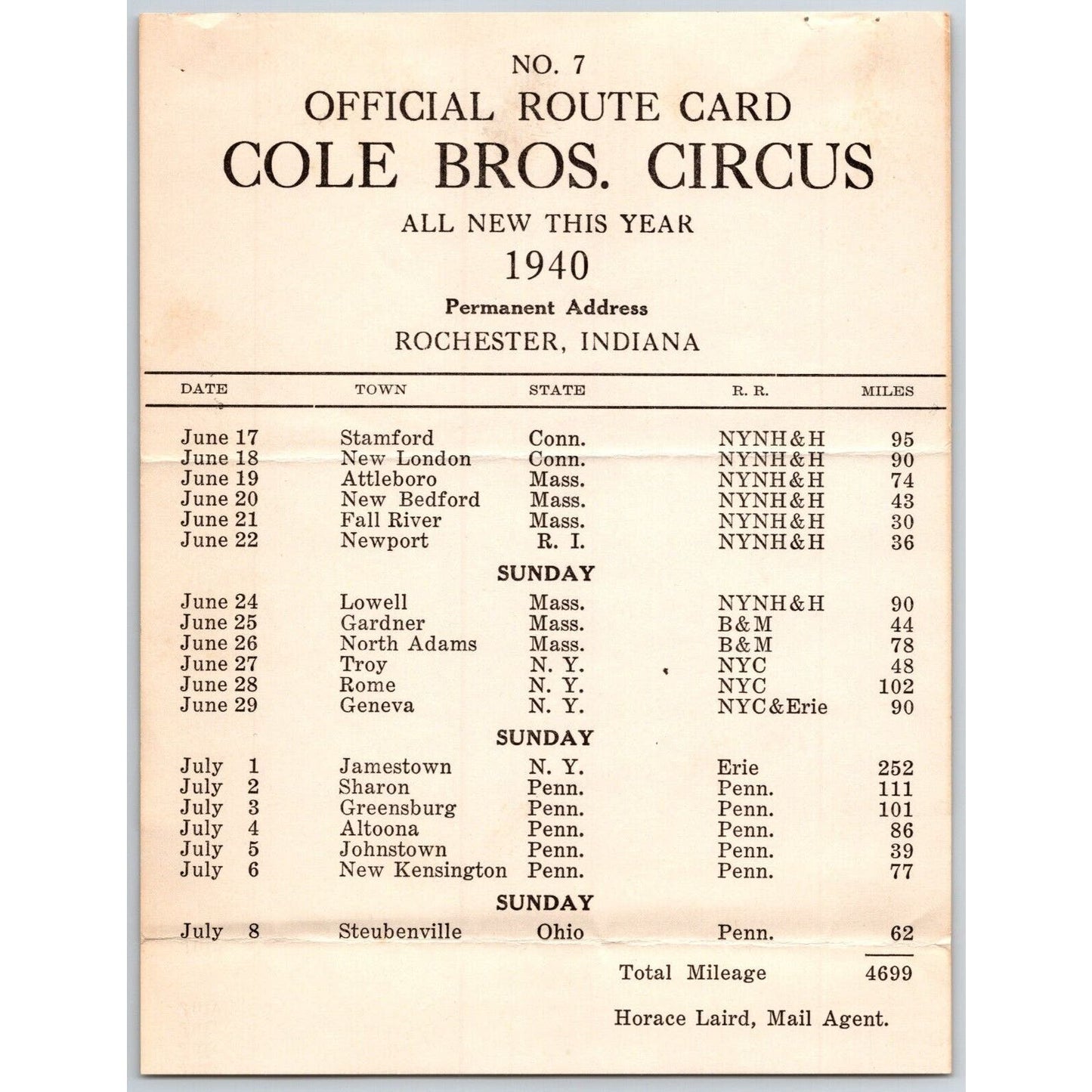 1940 Cole Bros Circus Route Card CT PA MA RI NY OH