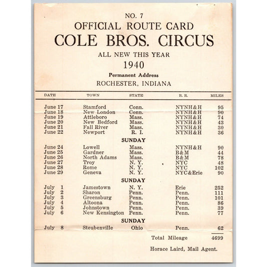 1940 Cole Bros Circus Route Card CT PA MA RI NY OH
