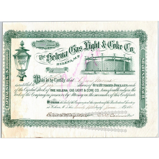 Helena Gas Light & Coke Co. Montana 1885 Stock Certificate