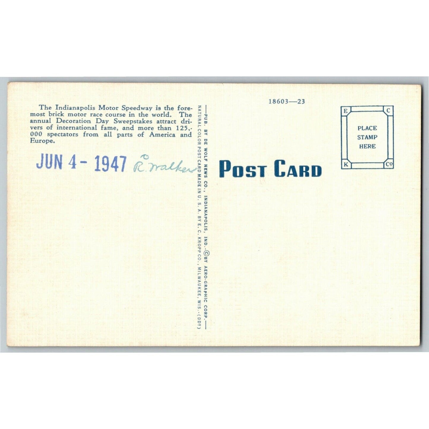 Indy 500 Linen Postcard 1935 "The Speedway, Indianapolis, IND" Unposted - VGC