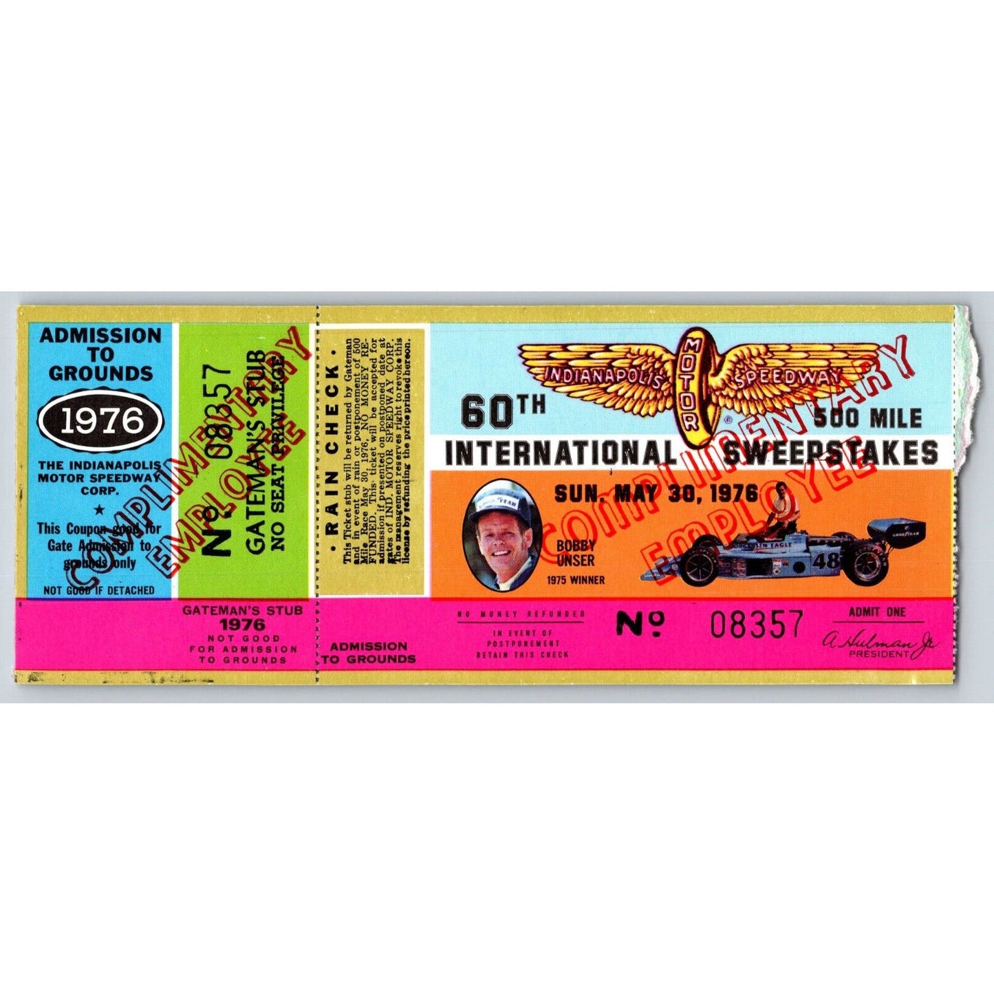 1976 Indianapolis 500 "Complementary Employee" Ticket Stub IMS Racing #08357