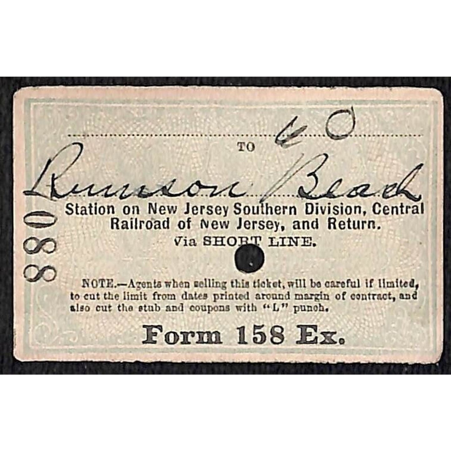 New York & Long Branch Railroad 1896 Ticket North Asbury Park Rumson Beach #7088