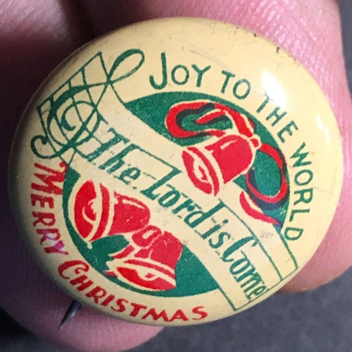 Merry Christmas Joy to the World - Lord Has Come Small Steel Pinback Button VTG