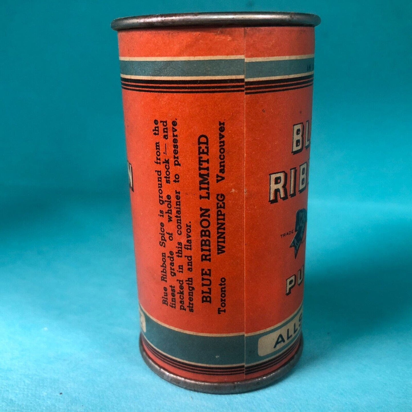 Blue Ribbon Allspice Tin Canadian 3 3/8"h Fiber Body c1920's-30's Scarce VGC