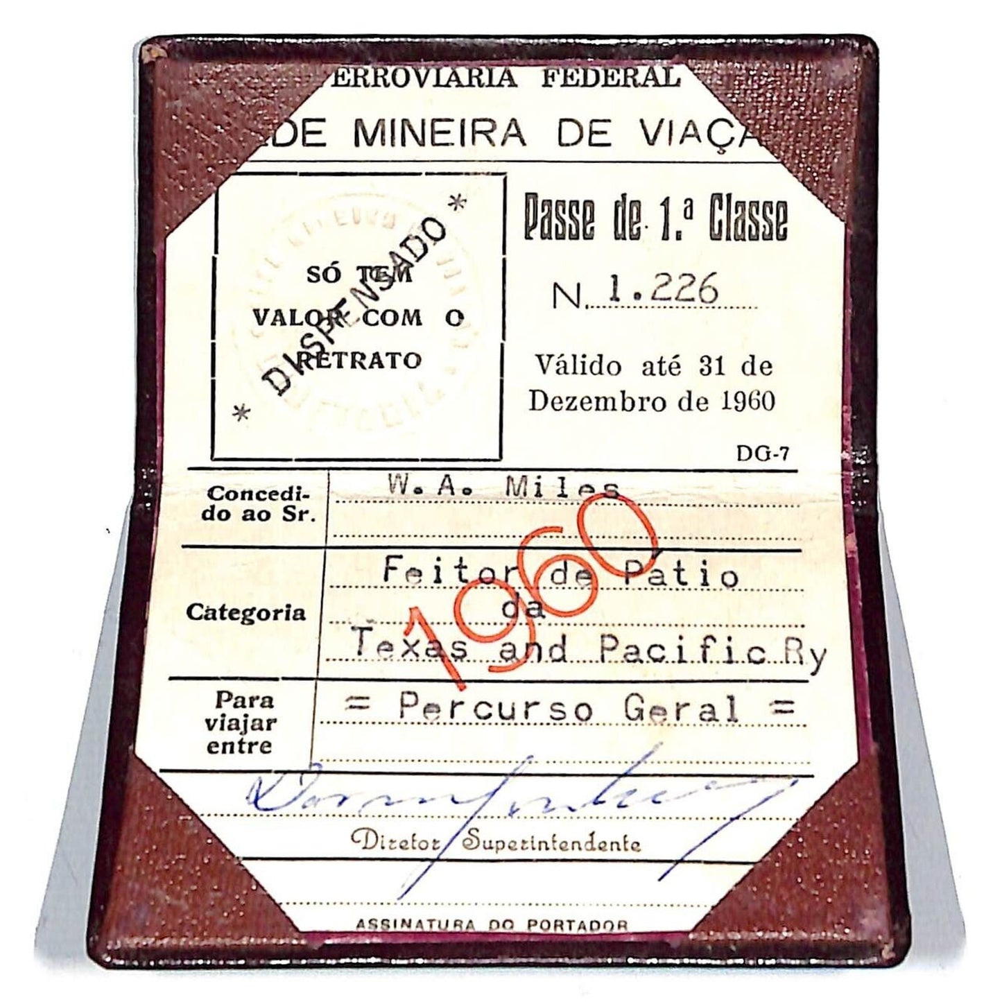 1960 Texas and Pacific Railway Portuguese Erroviaria Federal Pass w/ Holder