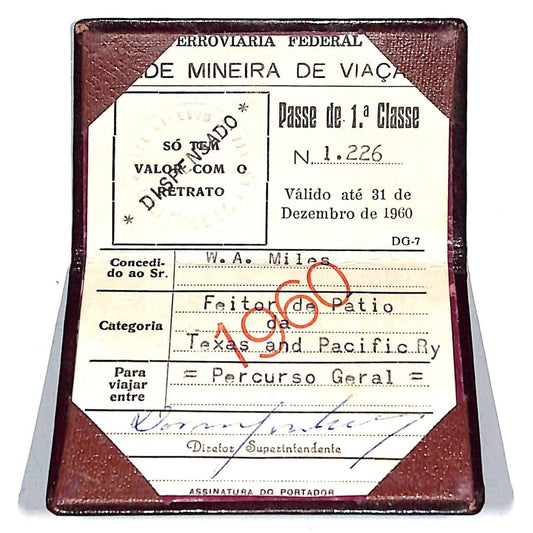 1960 Texas and Pacific Railway Portuguese Erroviaria Federal Pass w/ Holder