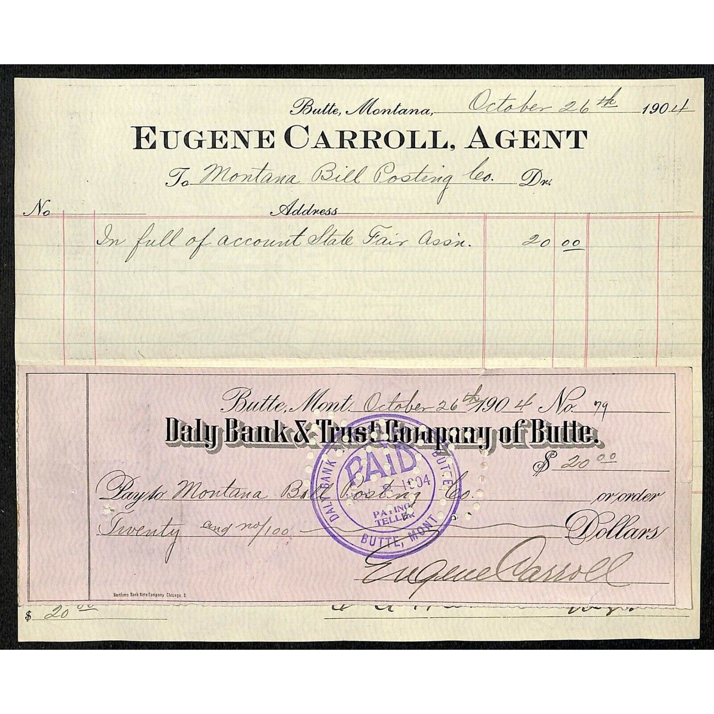 1904 Check Daly Bank & Trust Co. Butte, MT Eugene Carroll to Bill Posting Co.