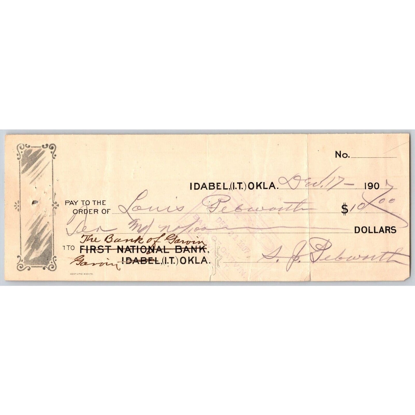 Idabel, Oklahoma 1907 Indian Territory Bank Check w/ Strike Out Changes