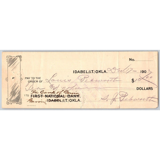 Idabel, Oklahoma 1907 Indian Territory Bank Check w/ Strike Out Changes